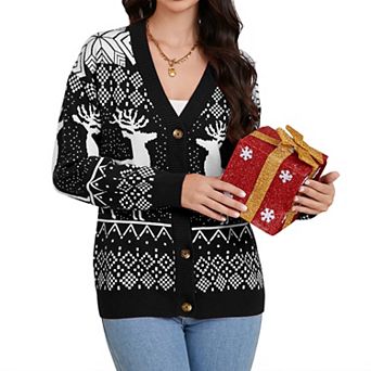 Women's Ugly Christmas Cardigans Sweaters Ribbed Kint Open Front Long Sleeve Button Down Cardigan