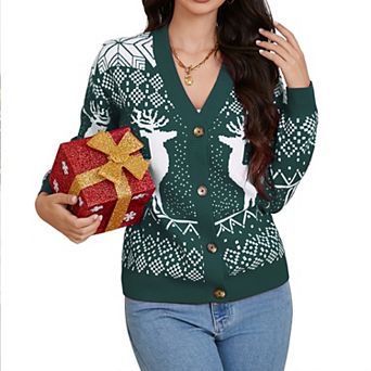 Women's Ugly Christmas Cardigans Sweaters Ribbed Kint Open Front Long Sleeve Button Down Cardigan