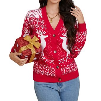 Women's Ugly Christmas Cardigans Sweaters Ribbed Kint Open Front Long Sleeve Button Down Cardigan