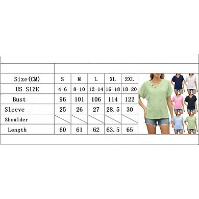 Women's Short Sleeve V Neck Jacquard Button T-shirt Loose Hollow Top
