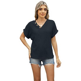 Women's Short Sleeve V Neck Jacquard Button T-shirt Loose Hollow Top