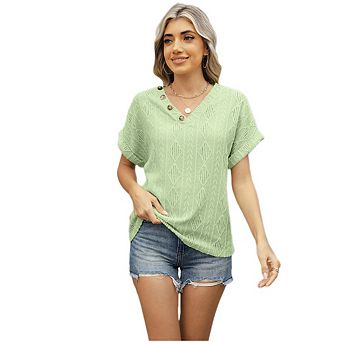 Women's Short Sleeve V Neck Jacquard Button T-shirt Loose Hollow Top