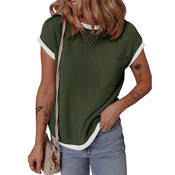 Women's Short Sleeve T Shirts Crewneck Color Block Ribbed Knit Tee Causal Blouses Summer Tops