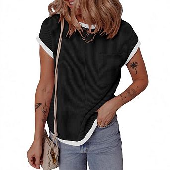 Women's Short Sleeve T Shirts Crewneck Color Block Ribbed Knit Tee Causal Blouses Summer Tops