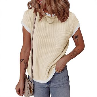Women's Short Sleeve T Shirts Crewneck Color Block Ribbed Knit Tee Causal Blouses Summer Tops