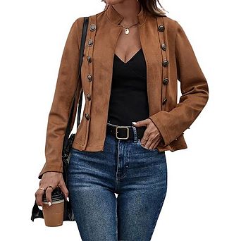 Women Faux Suede Cropped Jacket Double Breasted Jacket Long Sleeve Vintage Coat Casual Outerwear