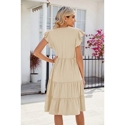 Womens Casual V Neck Ruffle Sleeve A-Line Flowy Tiered Knee Length Sundress