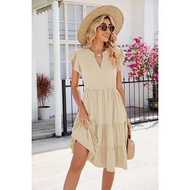 Womens Casual V Neck Ruffle Sleeve A-Line Flowy Tiered Knee Length Sundress