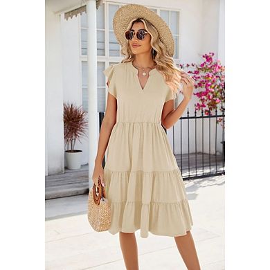 Womens Casual V Neck Ruffle Sleeve A-Line Flowy Tiered Knee Length Sundress