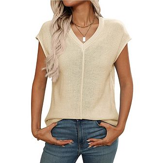 Womens Summer Cap Sleeve Tops Casual Crew Neck Loose Fit Knit Lightweight Sweater Pullover Top