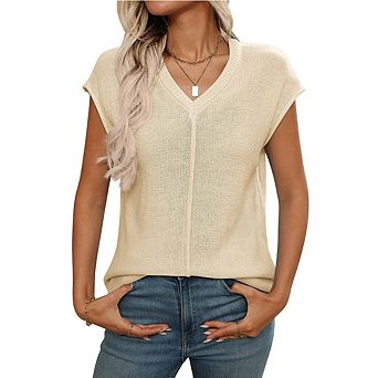 Womens Summer Cap Sleeve Tops Casual Crew Neck Loose Fit Knit Lightweight Sweater Pullover Top