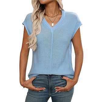 Womens Summer Cap Sleeve Tops Casual Crew Neck Loose Fit Knit Lightweight Sweater Pullover Top