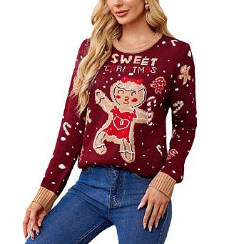 Women's Ugly Christmas Sweaters Cute Gingerman Print Pattern Long Sleeve Sweaters