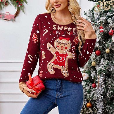 Women's Ugly Christmas Sweaters Cute Gingerman Print Pattern Long Sleeve Sweaters