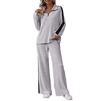 Womens Plus 2 pc Pajama Sets Fall Ribbed Color Block Lounge Set Fleece Long Sleeve Sleepwear