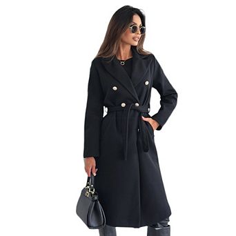 Womens Notched Lapel Collar Double Breasted Pea Coat Winter Wool Blend Over Coats Long Jackets