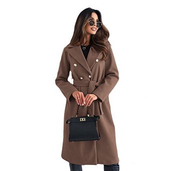 Womens Notched Lapel Collar Double Breasted Pea Coat Winter Wool Blend Over Coats Long Jackets