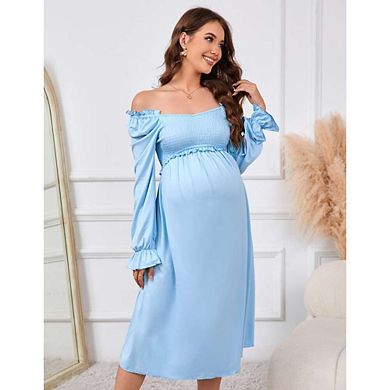 Women's Maternity Dress V Neck Long Sleeve Smocked Chest Midi Dress Photoshoot Baby Shower