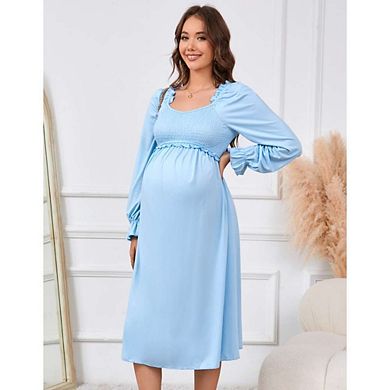 Women's Maternity Dress V Neck Long Sleeve Smocked Chest Midi Dress Photoshoot Baby Shower