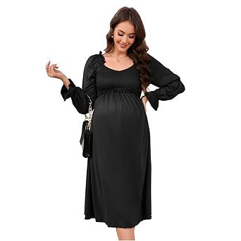 Women's Maternity Dress V Neck Long Sleeve Smocked Chest Midi Dress Photoshoot Baby Shower