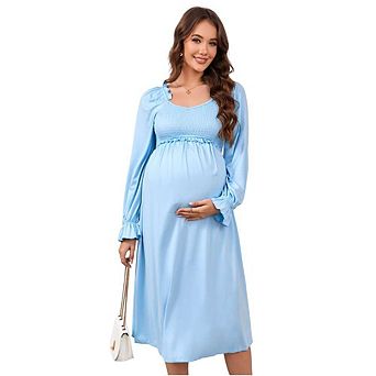 Women's Maternity Dress V Neck Long Sleeve Smocked Chest Midi Dress Photoshoot Baby Shower