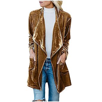 Women Open Front Lapel Long Sleeve Gold Velvet Maxi Coat With Pockets