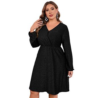 Women's Plus Size Sparkly Sequin Dress Long Sleeve Wrap V Neck Cocktail Club Dress