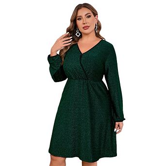 Women's Plus Size Sparkly Sequin Dress Long Sleeve Wrap V Neck Cocktail Club Dress