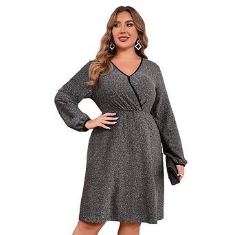 Women's Plus Size Sparkly Sequin Dress Long Sleeve Wrap V Neck Cocktail Club Dress