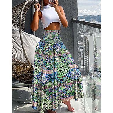 Women's Flowy Bohemian Long High Waist A Line Maxi pants for Women Pleated Skirts