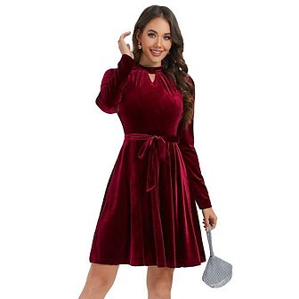 Women's Retro Velvet Cocktail Party Dress Long Sleeve dress With Belt
