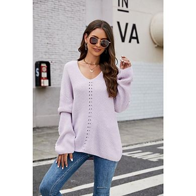 Women's Solid Color Pullover Loose Long Sleeve top Casual Hollow Out Crochet Dressy Casual Sweater