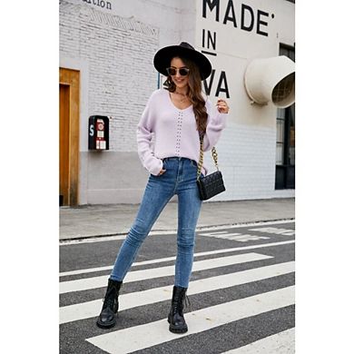 Women's Solid Color Pullover Loose Long Sleeve top Casual Hollow Out Crochet Dressy Casual Sweater
