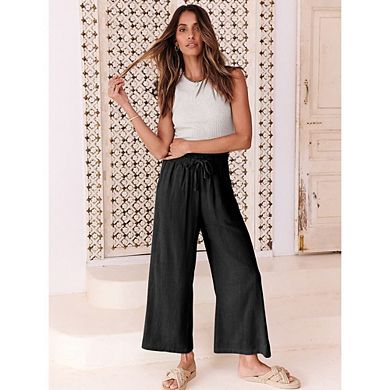 Women's High Waist Wide Leg Pants Casual Elastic Drawstring Loose Flowy Trousers with Pockets