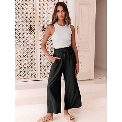 Women's High Waist Wide Leg Pants Casual Elastic Drawstring Loose Flowy Trousers with Pockets