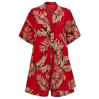 Womens 2 pc Outfits Kimono Style Tropical Print Cover Ups Half Sleeve Shorts Set Summer Beachwear