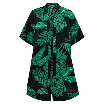 Womens 2 pc Outfits Kimono Style Tropical Print Cover Ups Half Sleeve Shorts Set Summer Beachwear