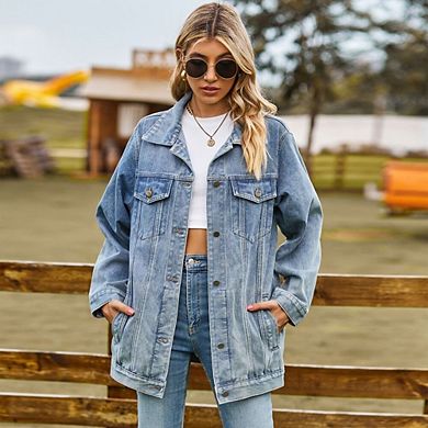 Women's Denim Jacket Button Up Long Sleeve Basic Trendy Jean Jacket Coat with Pockets