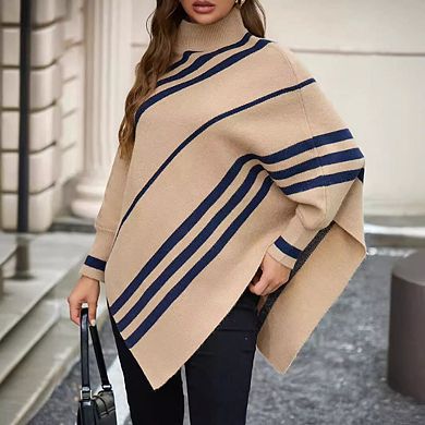 Women's Sweater Pullover Knitted Cardigan Irregular Stripes Half-High Collar Bat Sleeve Shawl