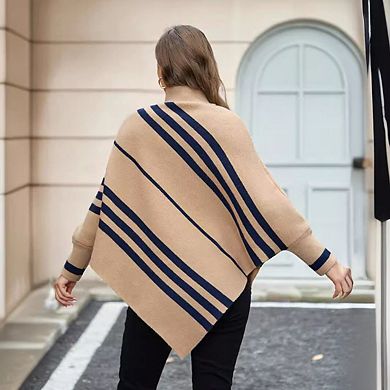 Women's Sweater Pullover Knitted Cardigan Irregular Stripes Half-High Collar Bat Sleeve Shawl