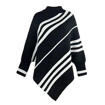 Women's Sweater Pullover Knitted Cardigan Irregular Stripes Half-High Collar Bat Sleeve Shawl