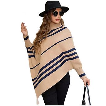 Women's Sweater Pullover Knitted Cardigan Irregular Stripes Half-High Collar Bat Sleeve Shawl