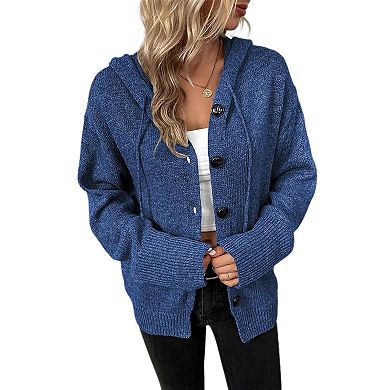 Women's Casual Hooded Cardigan Sweaters V Neck Button Down Long Sleeve Kint Cardigans Coat