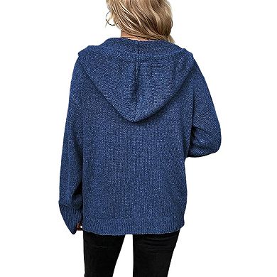 Women's Casual Hooded Cardigan Sweaters V Neck Button Down Long Sleeve Kint Cardigans Coat
