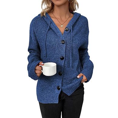 Women's Casual Hooded Cardigan Sweaters V Neck Button Down Long Sleeve Kint Cardigans Coat