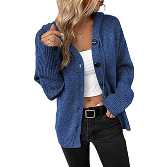 Women's Casual Hooded Cardigan Sweaters V Neck Button Down Long Sleeve Kint Cardigans Coat