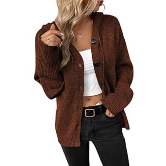 Women's Casual Hooded Cardigan Sweaters V Neck Button Down Long Sleeve Kint Cardigans Coat