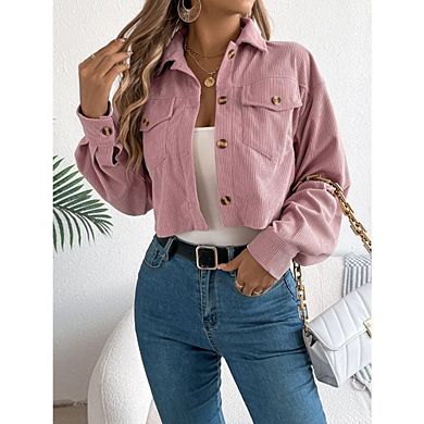 Womens Corduroy Jacket boyfriend Cropped Button Down Shacket Long Sleeve Outerwear with Flap Pockets