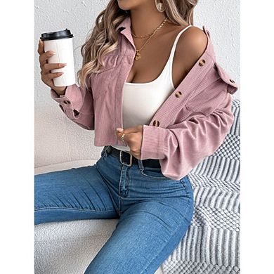 Womens Corduroy Jacket boyfriend Cropped Button Down Shacket Long Sleeve Outerwear with Flap Pockets