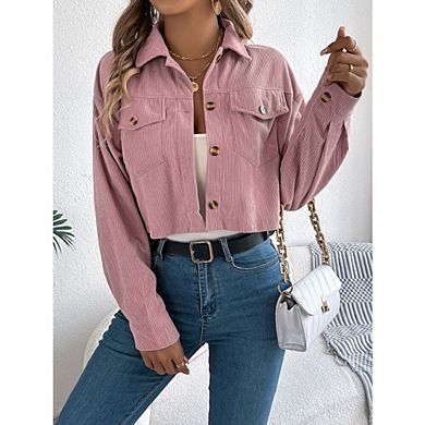 Womens Corduroy Jacket boyfriend Cropped Button Down Shacket Long Sleeve Outerwear with Flap Pockets